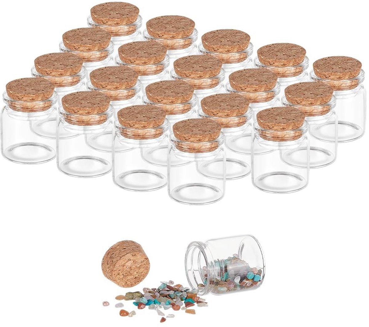 MTTproducts- Glazen Flessen 20 Stuks - Mini Flesjes - Decoratieve Flessen - Kurken - Opslagcontainer - Kunstambachten - Ca. 4,7 cm Hoog