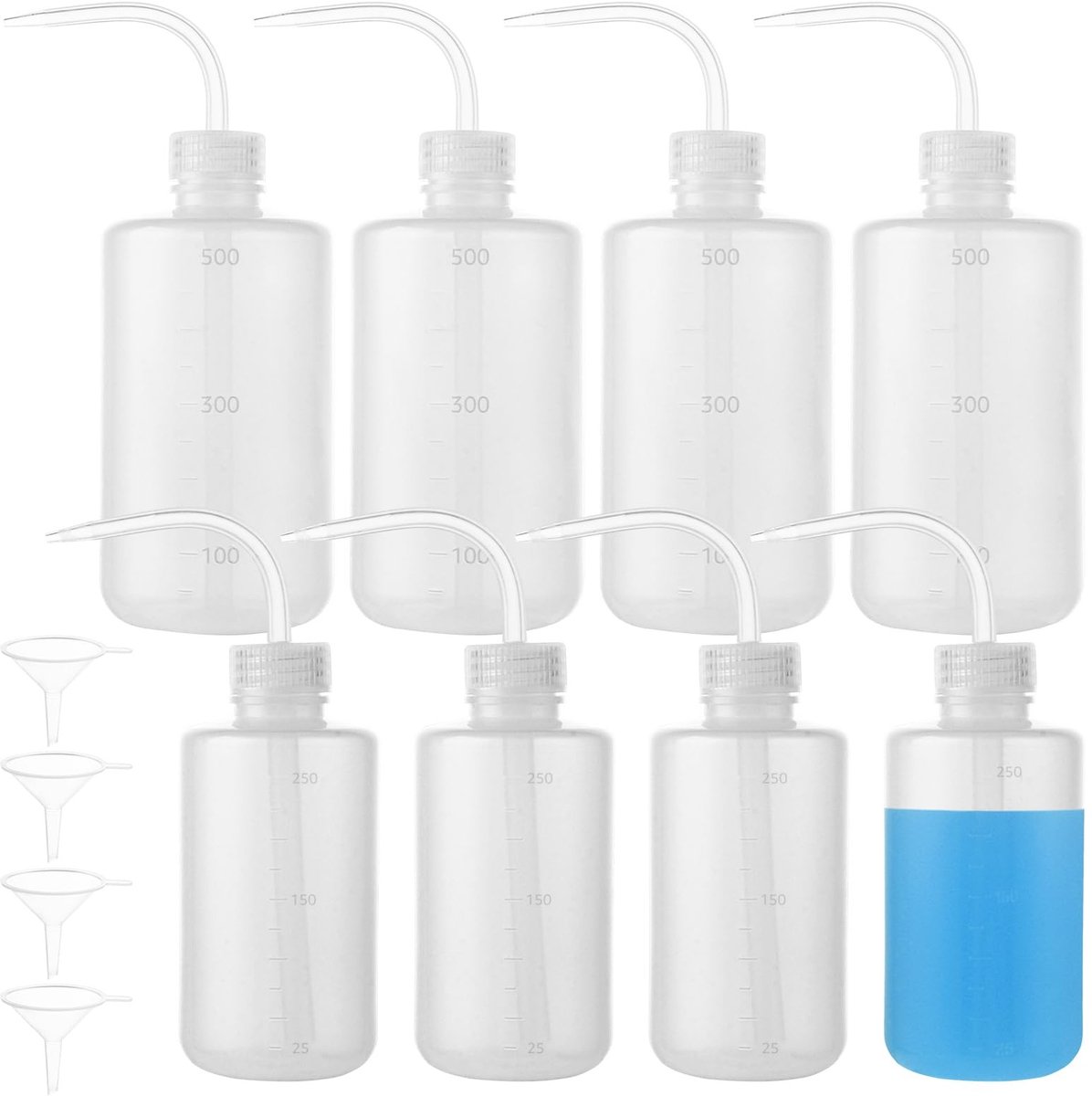 MTTproducts- Spuitfles Set 3000 ml - 8 Stuks 250 ml/500 ml - Laboratoriumfles - Knijpfles - Spuitfles voor Planten - Inclusief Trechter - Squeeze Bottle