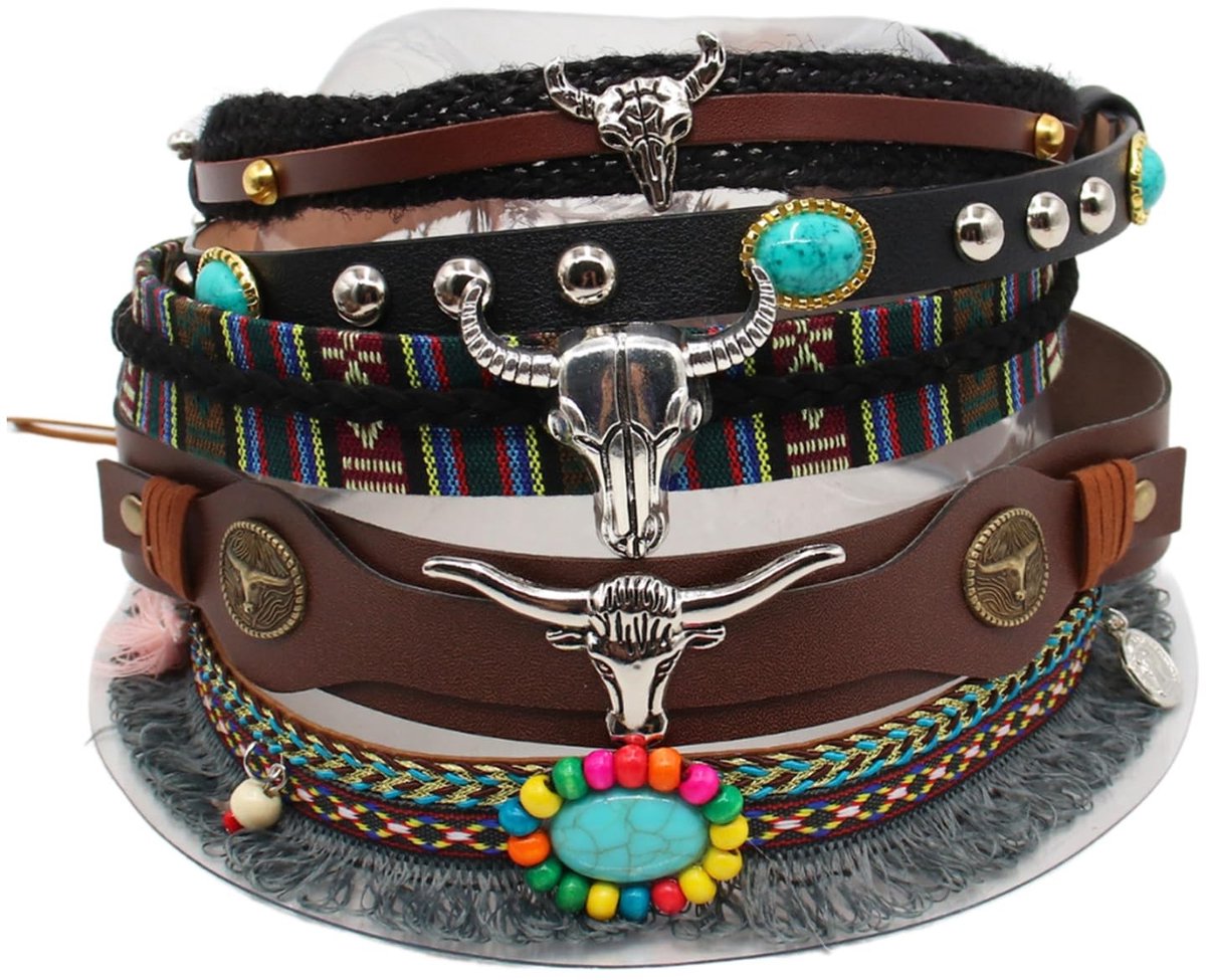 MTTproducts- Cowboy Hoedband Verstelbaar - 5 Stijlen - Multifunctioneel - Hoedaccessoires - PU-leer/Metaal - Voor Vrouwen/Mannen 56-58 cm