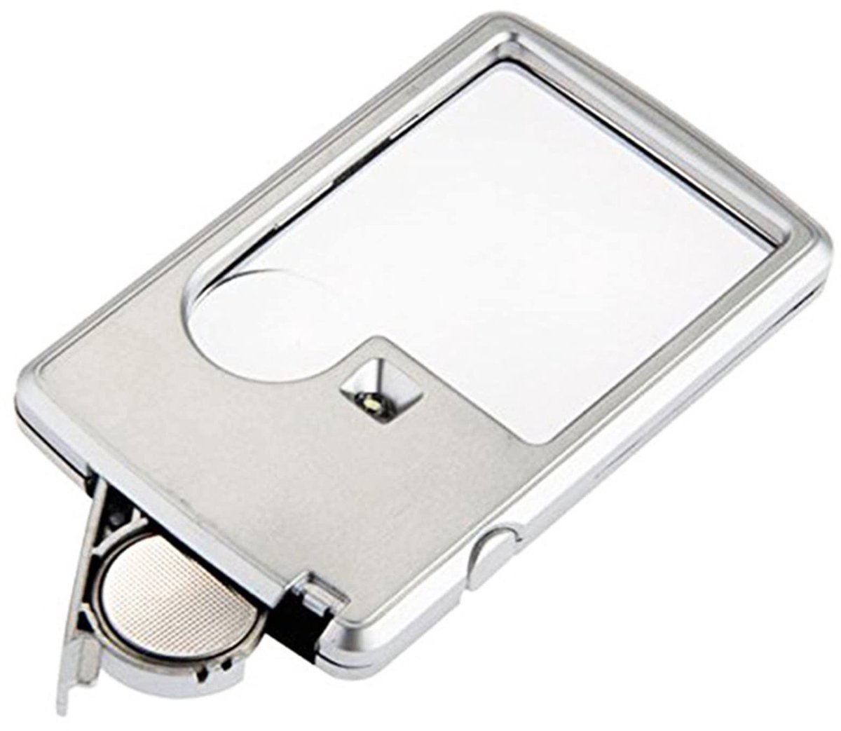 MTTproducts - Vergrootglas - Draagbaar en Verlicht - Zilver - Mini-kaartstijl - Ideaal voor Postzegels en Kaarten - Met Lederen Etui