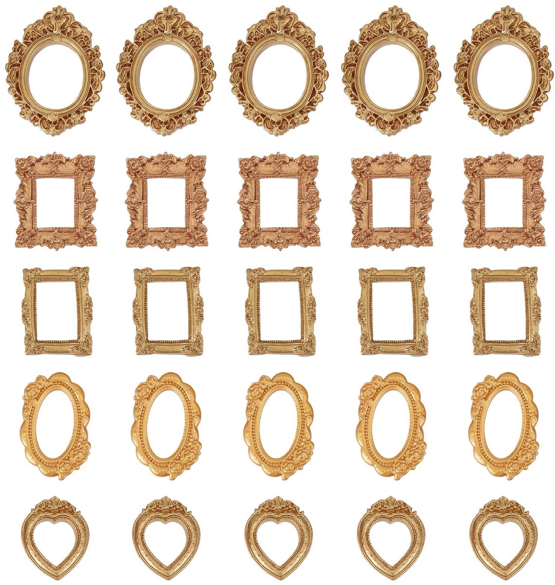Cosensi- Fotolijst Mini Set - 25 Stuks Kunsthars - Vintage Gouden Fotolijsten - Ovaal/Rechthoekig/Hartvorm - Antieke Lijst - Afmetingen 5,6x4,8 cm