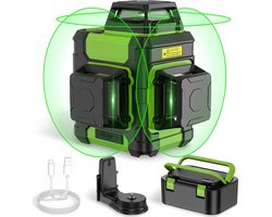 Huepar 3D Kruislijnlaser 3×360° Zelfnivellerend – 12 Lijnen – 4000mAh Accu – Groene Lijnlaser met Pulsmodus – USB-C Oplaadbaar – IP54 – Magnetische Beugel & Hardcase – HM03CG