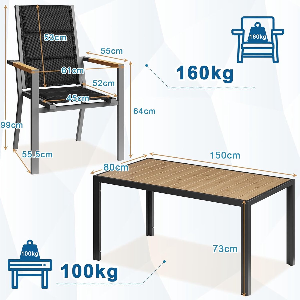GrandOak Luxe 9-Delige Aluminium Tuinset met Houtlook 150 cm – 8-Persoons Terras- en Tuinset met Hoge Rugstoelen en PS Tafelblad – Weerbestendige Outdoor Dining Set – Bruin