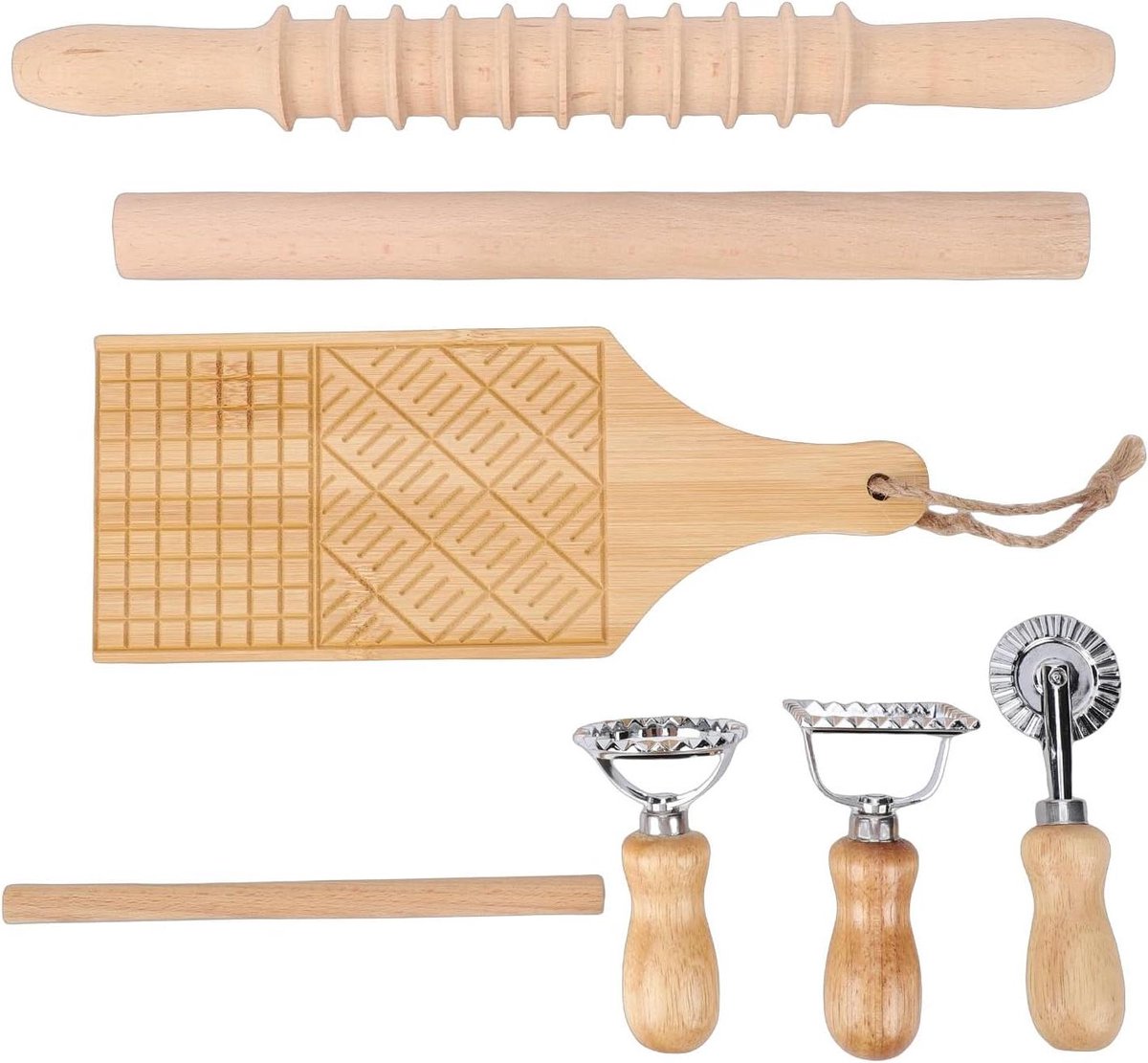 Pastamakers Gereedschap - Deegsnijder Knoedelmaker - Zelf Pasta Maken - Houten & Staal - 7 Delig - Niet gespecificeerd