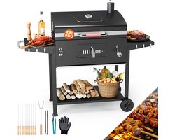 HomeGoodies BBQ - Houtskool barbecue – BBQ kar verrijdbaar - Groot grilloppervlak - 69x42.5 cm - thermometer - zijtafels – Zwart