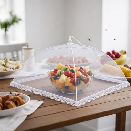 Set van 2 - Vliegenscherm - Opvouwbare voedselafdekking - Vliegenscherm voor voedsel - Voedselafdekking - Stofscherm - Beschermt tegen muggen en stof - Vierkant - Geschikt voor voedsel, fruit, enz. - 48*48*34 cm - Wit — afbeelding 4