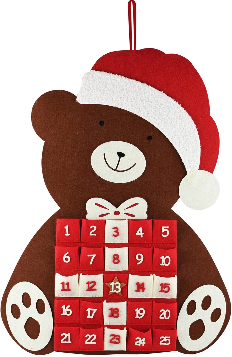 Dekoratief | Hangdeco kalender beer, rood/bruin, stof, 65x49x1cm | A265268