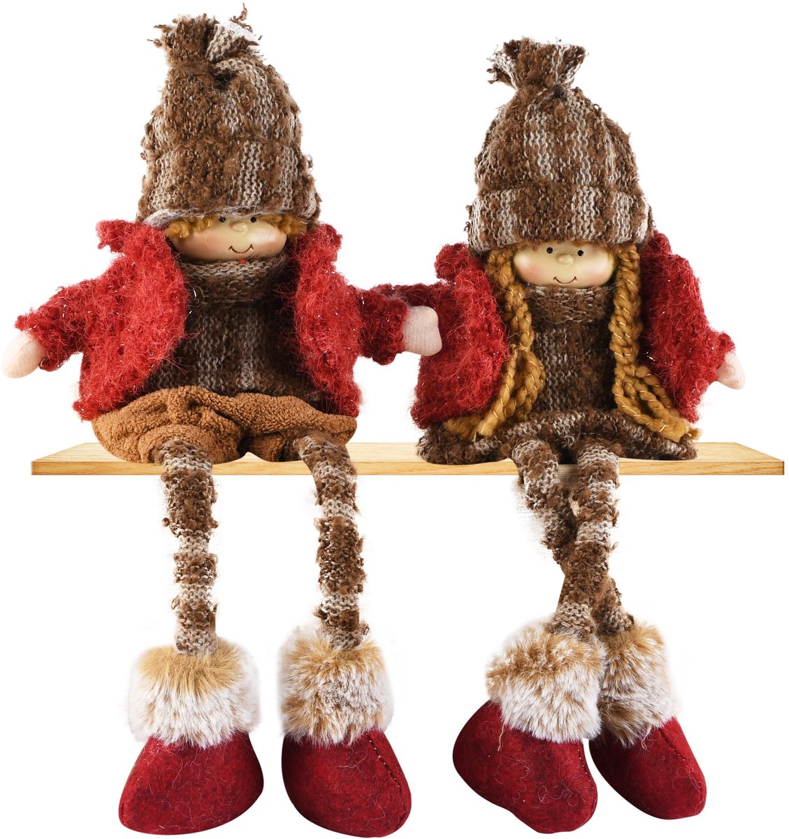 Dekoratief | Winterpop m/hangbenen, rood, stof, 15x8x34cm, set van 2 stuks | A265123