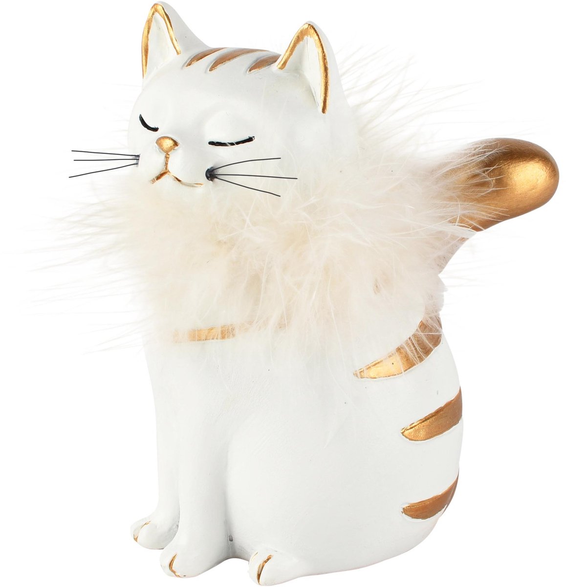 Dekoratief | Poes zittend m/fluffy kraag, wit/goud, resina, 14x8x12cm | A265899