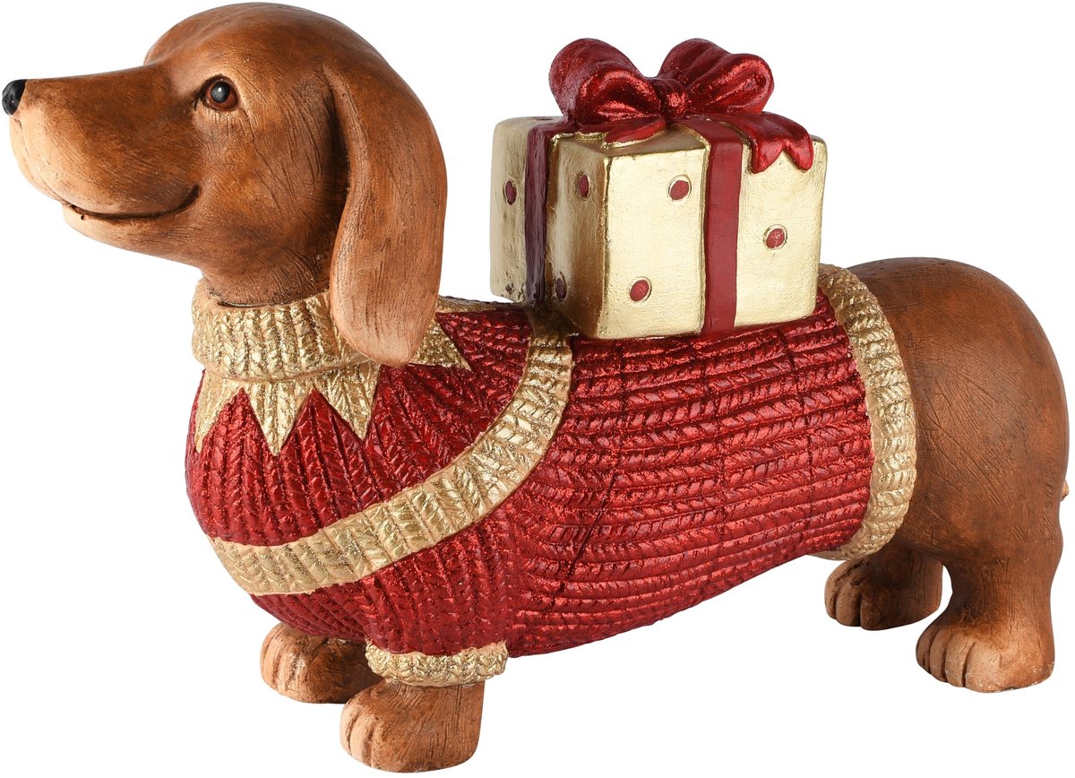 dekoratief Teckel m/sweater/cadeau, rood/goud, magnesium, 47x14x28cm | A265842