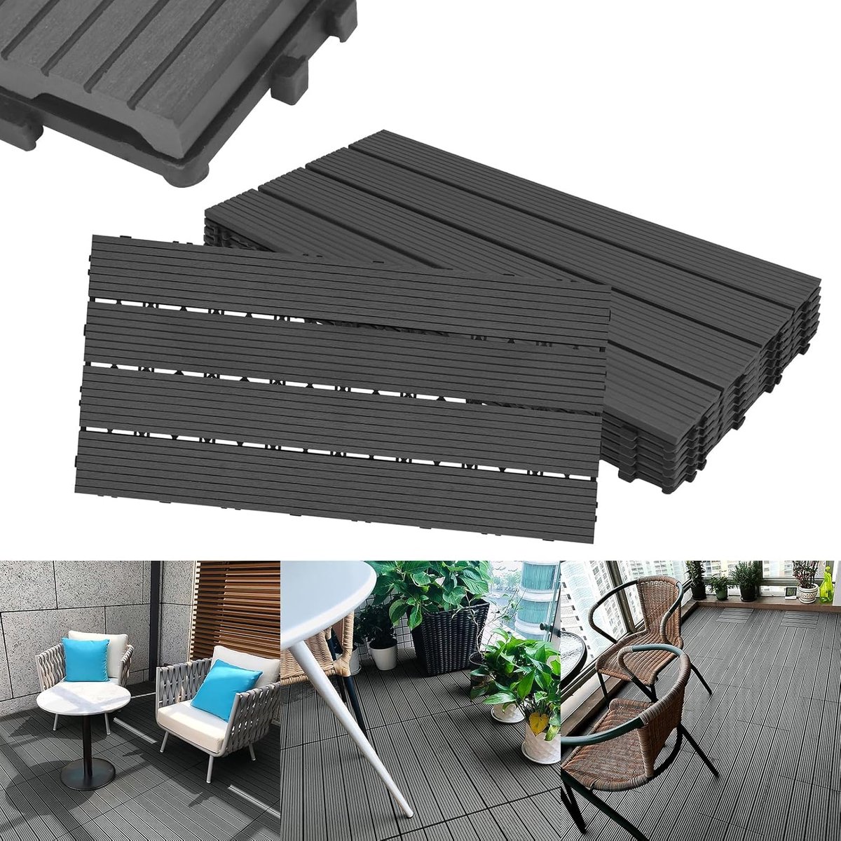 Terrastegels WPC - Kunststof tegels - Balkon verfraaien - Eenvoudig kliksysteem - 30 x 60 cm - Antraciet
