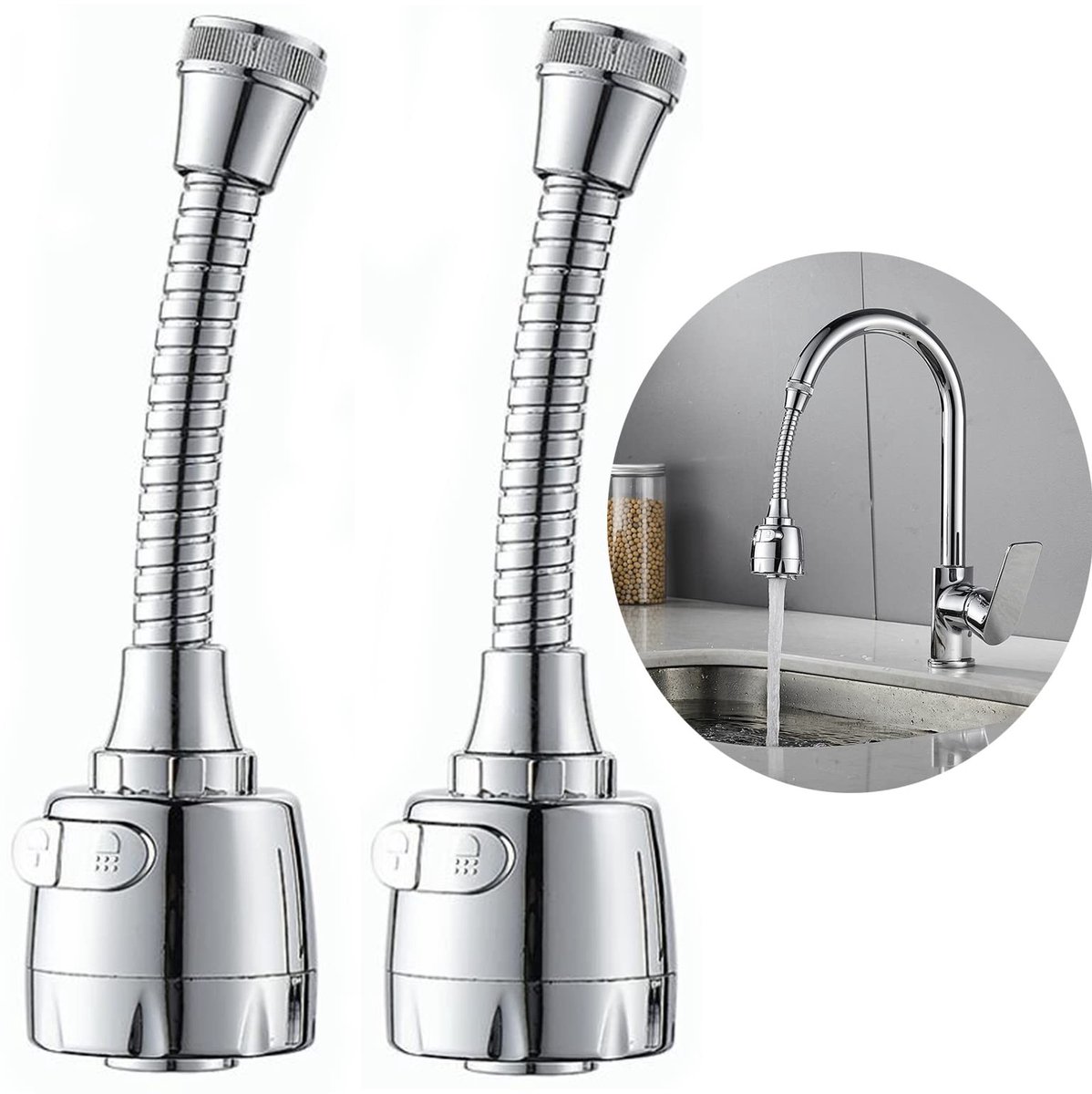 2x Flexibele Waterkraan Spuitkop 360° Roestvrijstalen Verlengstuk