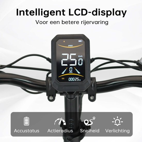 Intelligent LCD-display op stuur grijze elektrische fiets met snelheidsweergave, accustatus en actieradius.