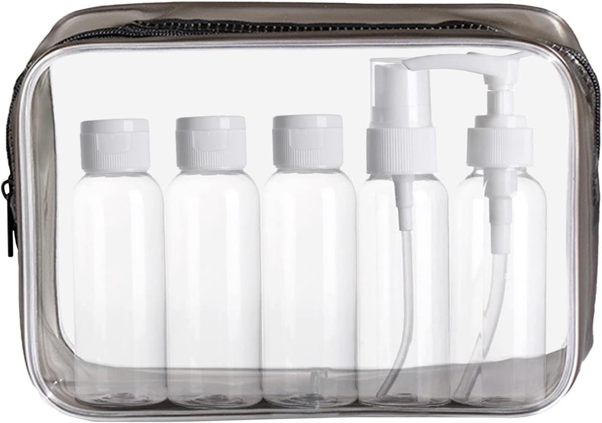 Transparante Toilettas met Lege Reisflesjes, Lekvrije Reisset voor Cosmetica en Toeslagen voor Vliegtuigreizen, Zwart en Stijlvol