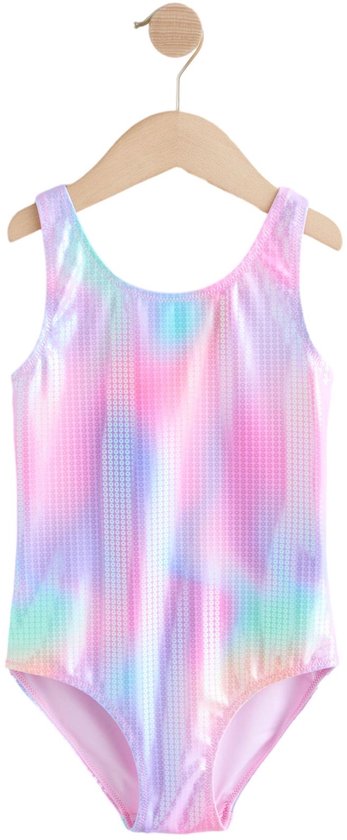 Badpak met veelkleurige tie-dye print en glinsterende pailletten.