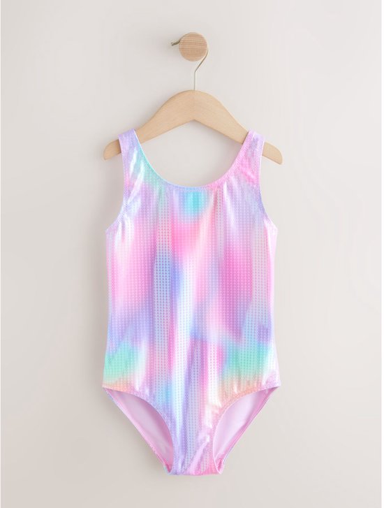 Badpak met veelkleurige tie-dye print en glinsterende pailletten.