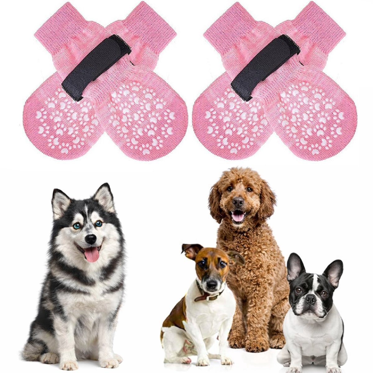 Aventrix Hondensokken Antislip – Maat M – Honden Sokken tegen Uitglijden en Likkende Poten – Klittenband – Pootbescherming Binnen & Buiten – Set van 4 - Roze