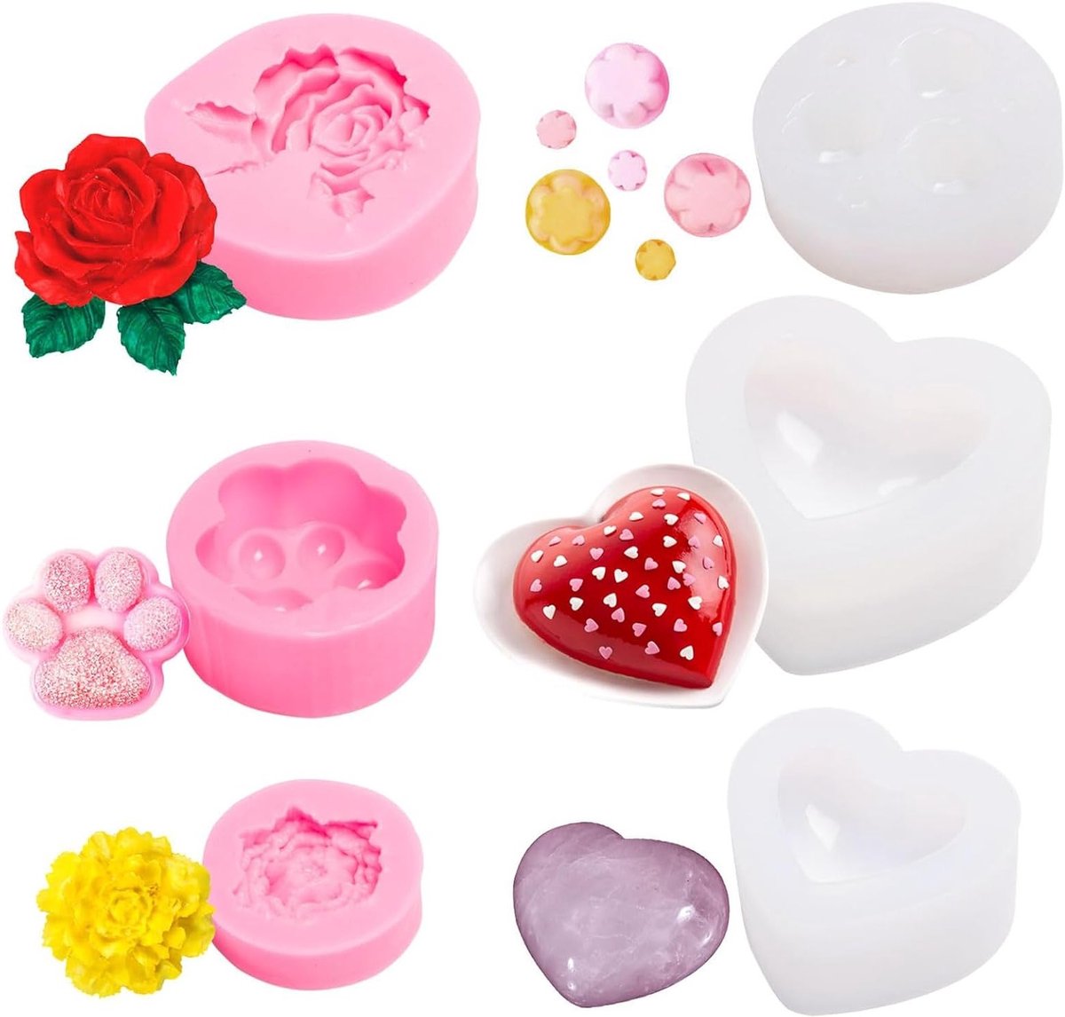 Hartvormige 3D Zeepvormen, 6 Silicone Bloemvormen voor Zeep, Kaarsen en Chocolade, Peony en Roos Designs