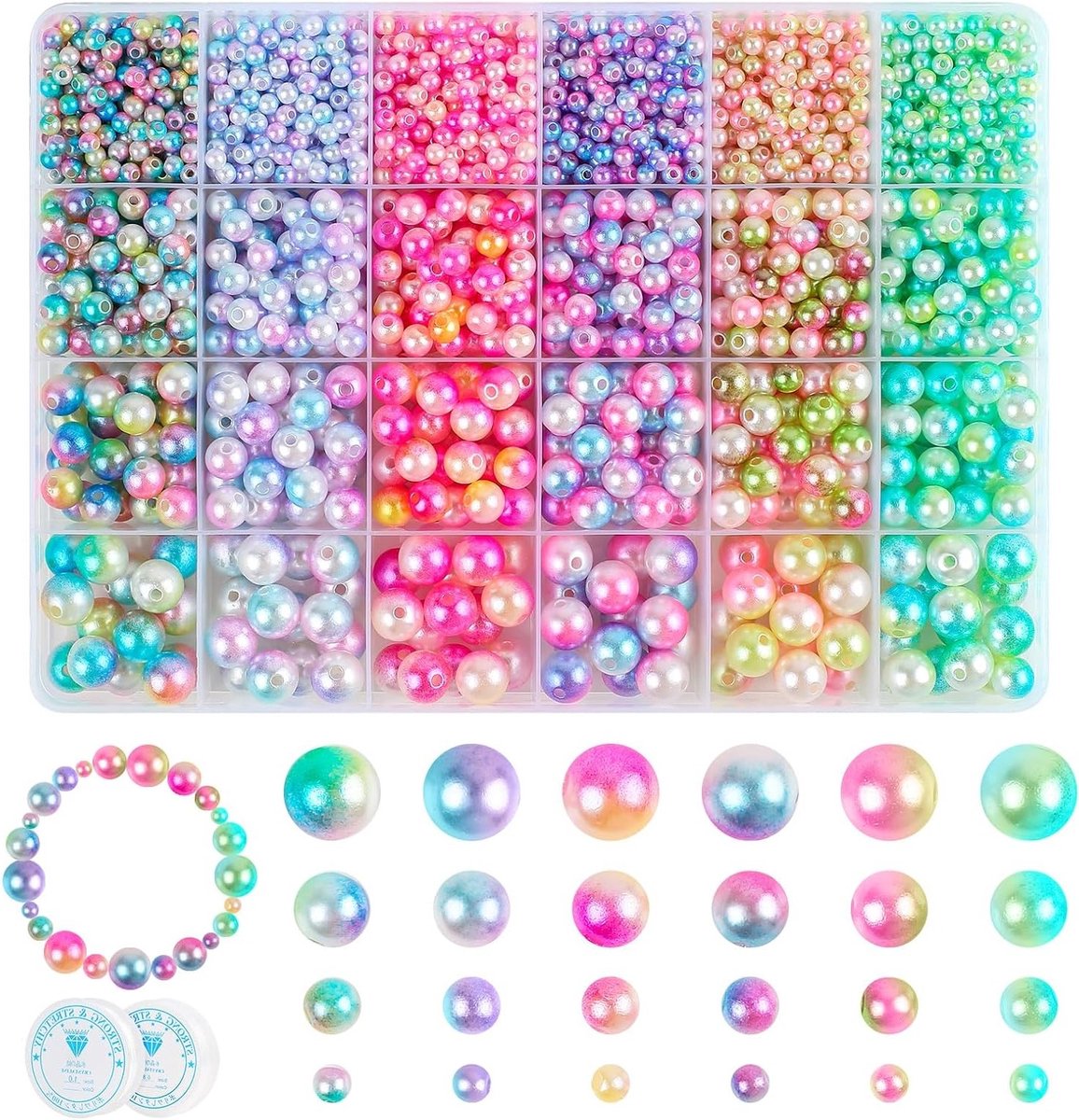 2000 Kleurige Kralen voor Armbanden en Sieraden Maken - 4/6/8/10mm Ronde Kralen met Gaten en Draad voor Kettingen en Oorbellen