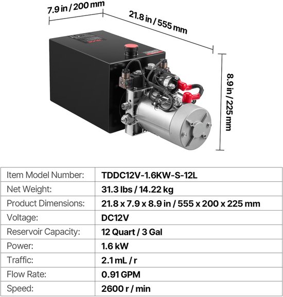 VEVOR 12 Qt Hydraulische Krachtbron, Dubbelwerkende Kipperaanhangerpomp, Maximale Openingsdruk 22 Mpa en Debiet 3,4 L/Min, 12 V DC Hydraulische Pomp met Metalen Reservoir voor Kipperaanhangers, Zwart van Merkloos — afbeelding 3
