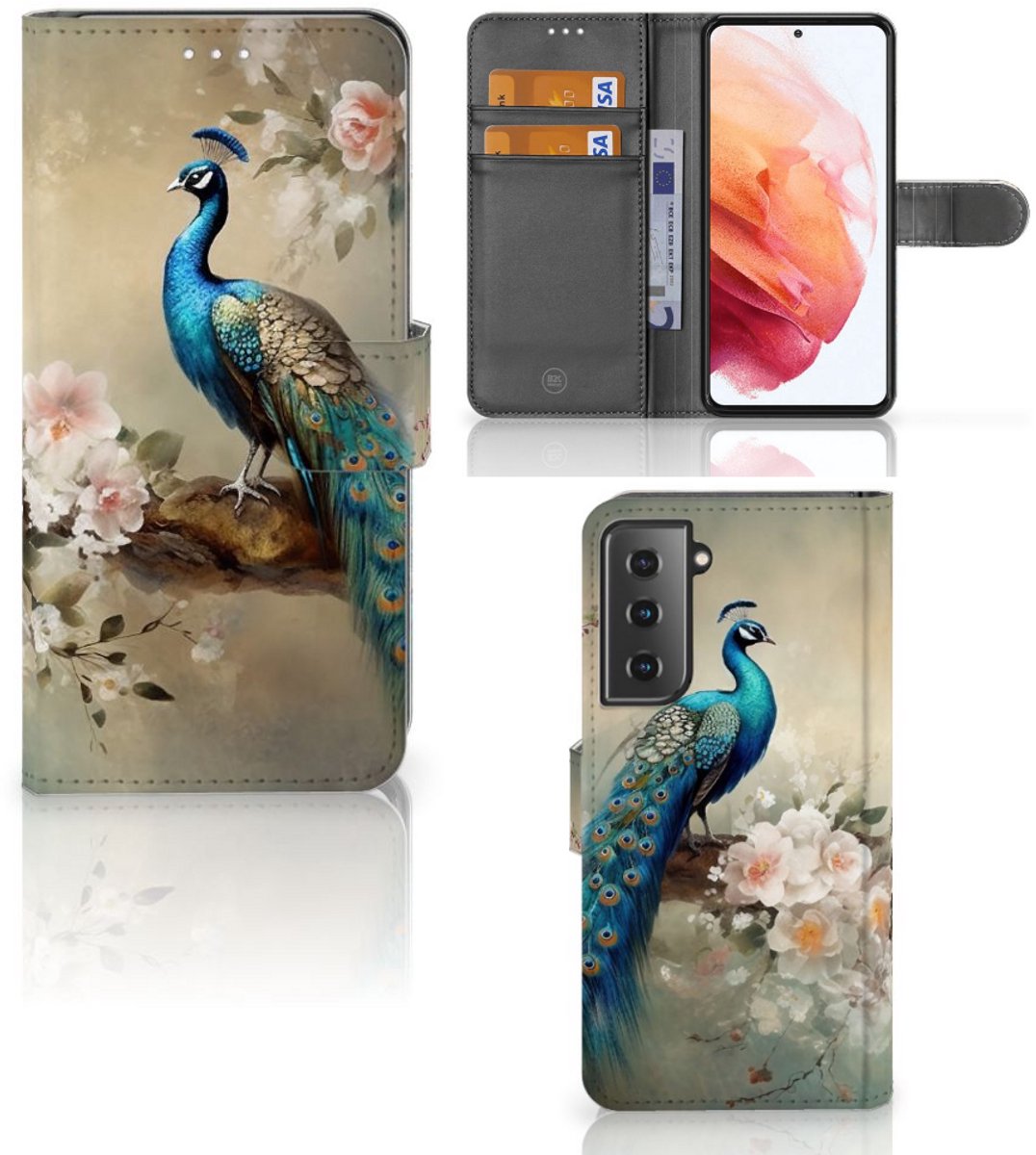 Telefoonhoesje met Pasjes voor Samsung Galaxy S21 Vintage Pauwen
