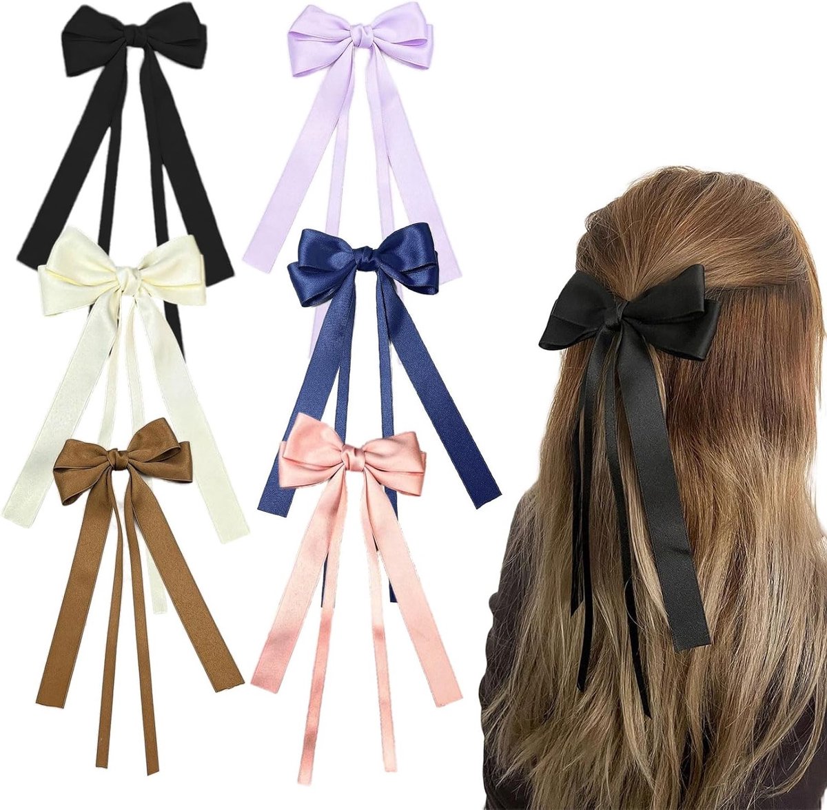 Elegante Haarstrikken voor Vrouwen - 6 Stuks Haarclips met Metalen Klemmen, Tassel Boog Haarlint, Perfecte Accessoires voor Dames en Meisjes