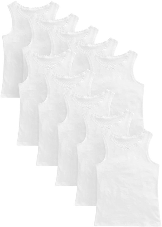 Zes witte topjes met kanten rand en strikje.