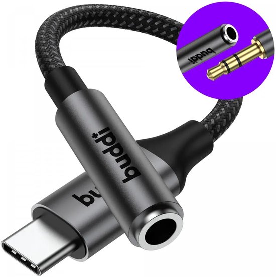 Buddi Ease | 3.5mm Headset Jack naar USB-C Adapter | USB - C naar Aux | Aux Audio Kabel | DAC Chip | Verloopstuk Koptelefoon en Oortjes | Koppelstuk | Tussenstuk | Converter | 16Bit/48kHz | Zwart