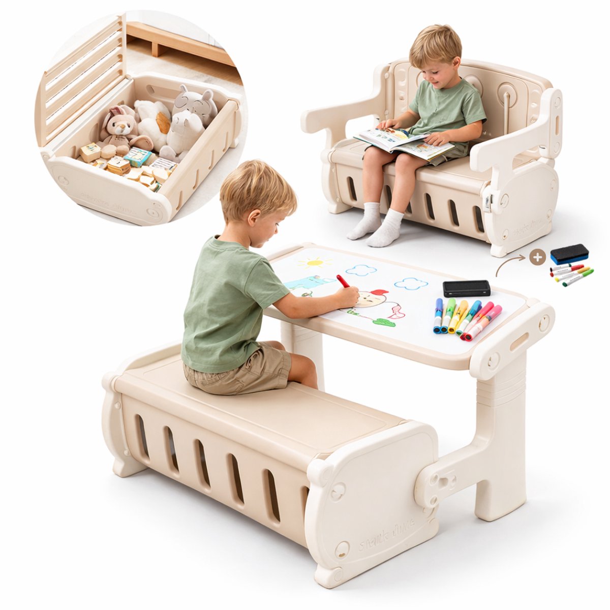 Zonovi Kinderbureau 3 in 1 - Kindertafel en Bankje - Tekentafel - Speeltafel voor Peuter - Omkeerbaar Bureaublad met Stiften - Tekenprojector - Tekenmachine - Knutseltafel Kind Met Opbergruimte