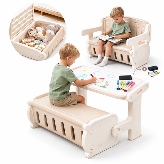 Zonovi Kinderbureau 3 in 1 - Kindertafel en Bankje - Tekentafel - Speeltafel voor Peuter - Omkeerbaar Bureaublad met Stiften - Tekenprojector - Tekenmachine - Knutseltafel Kind Met Opbergruimte