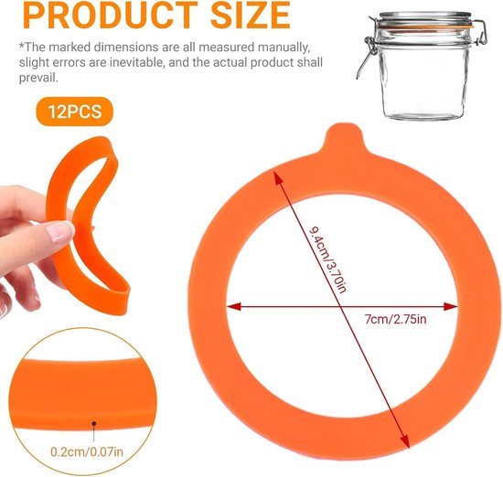 Set van 12 stuks siliconen weckringen, 95 x 73 mm, siliconen glasafdichtingen, reserve rubberen ringen, weckpotten, herbruikbaar, lekvrij, inmaakpotten, weckpotten, oranje — afbeelding 2