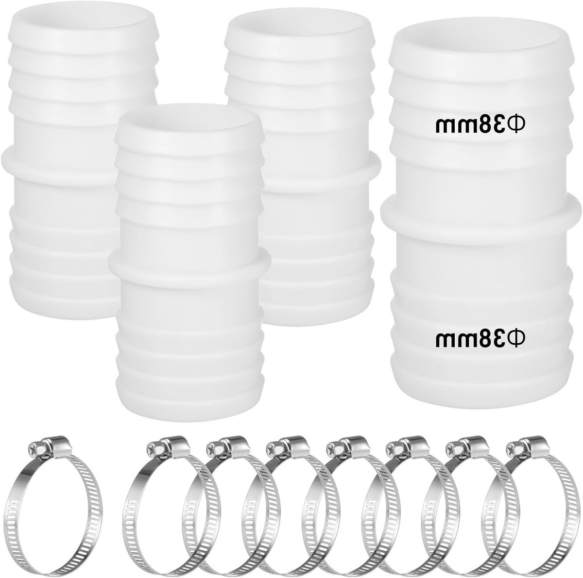 4 Stuks 38mm Aansluitingen voor Zwembadslangen - Universele Adapter met Dubbele Slangen en 8 RVS Slangklemmen voor Optimale Verbinding