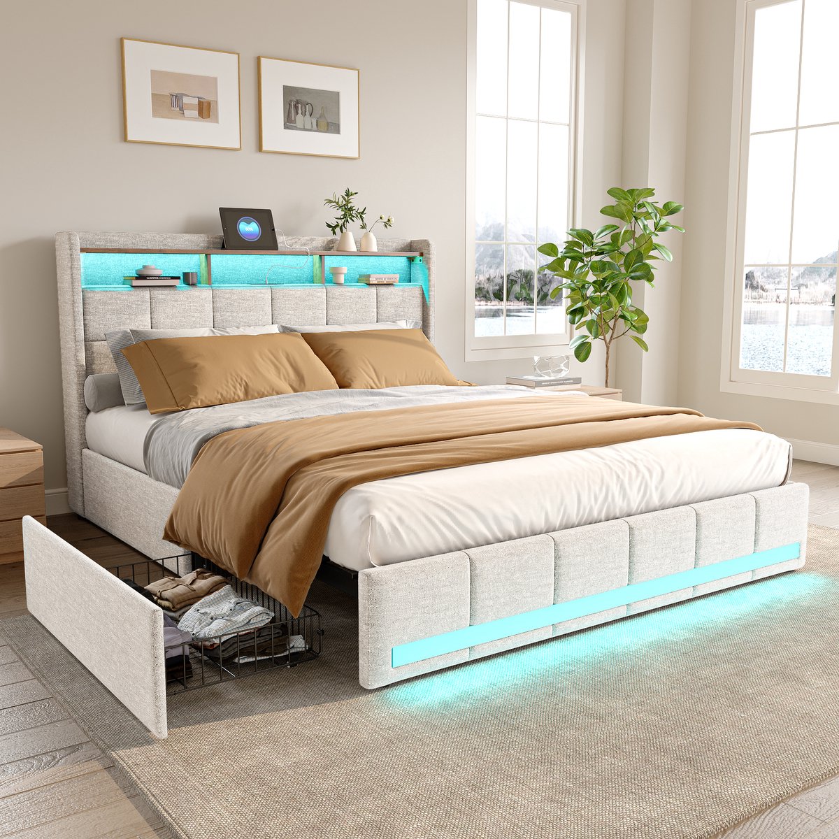 ROSAHQNDA Led bed 160x200 cm Tweepersoonsbed met USB en Type-C poorten, 4 laden, linnen stof beige - zonder matras