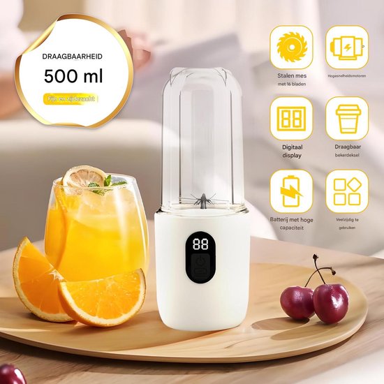 carmdering - Frullatore Portatile - Mini Blender Draagbaar - Elektrische Juicer - Digitale Display - 20800 RPM Snelheid - R16 Bladen -500mAh Batterij - Draadloos Gemak - 1Stuk - Wit van Carmdering — afbeelding 4