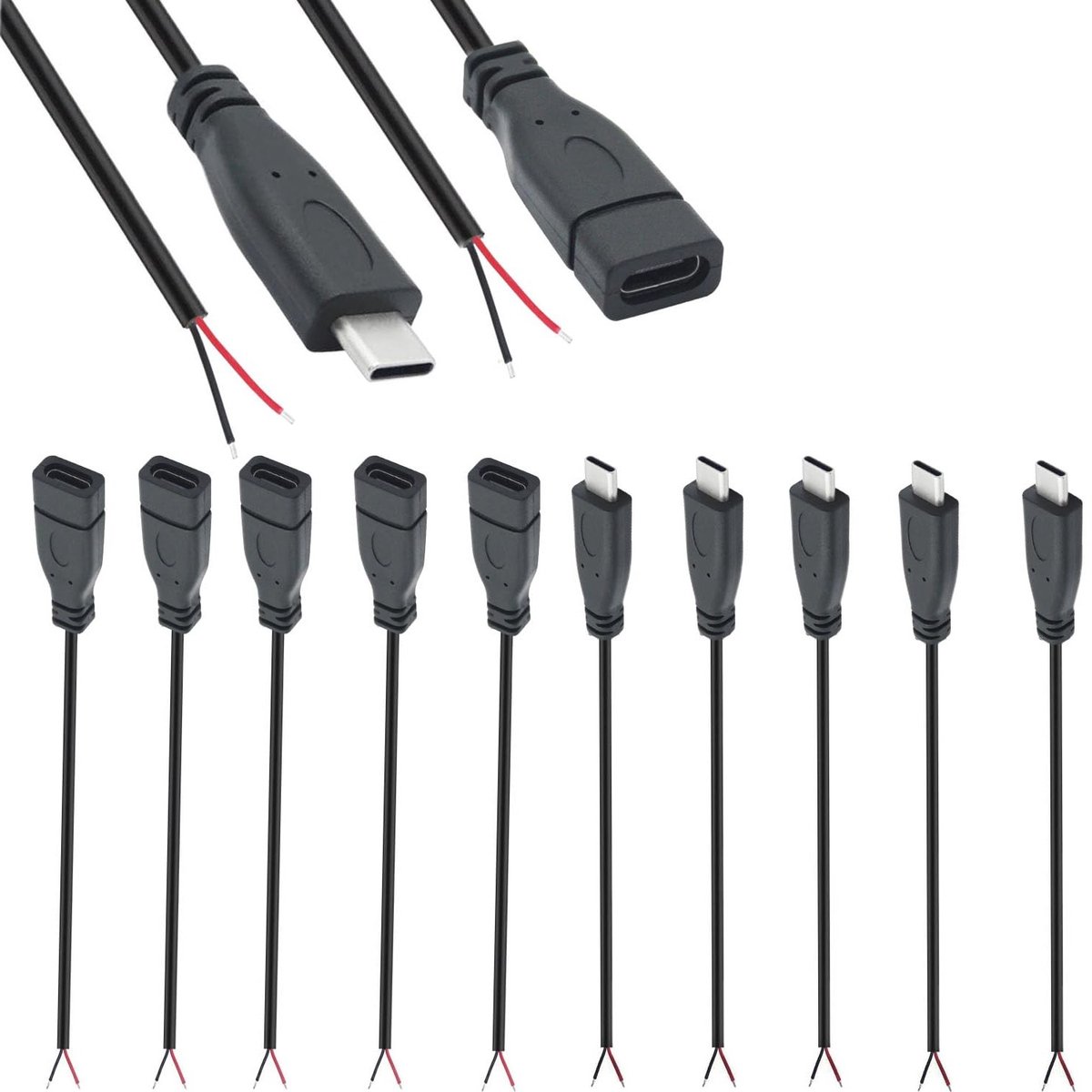 10 Stuks USB Type-C Connectoren, 22 AWG 12V 3A, 2-Pins Duidelijke Kabel voor DIY Vervangingen en Reparaties, USB C Verlengkabel van 25 cm