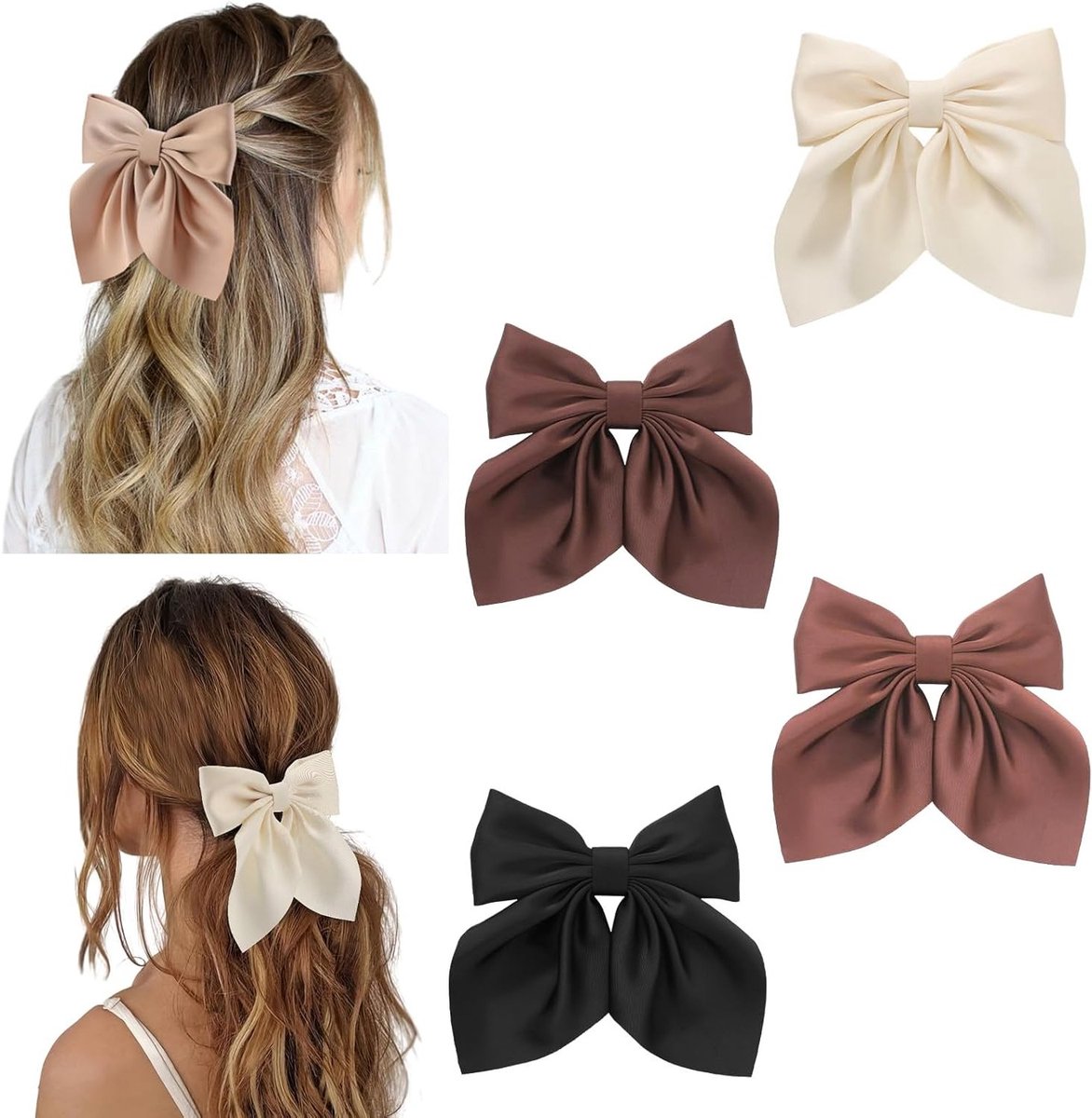 Elegante Haarspeldjes met Strik voor Vrouwen - Zachte Satijnen Haarclips in Neutrale Kleuren, Perfect voor Feestjes en Dagelijks Gebruik