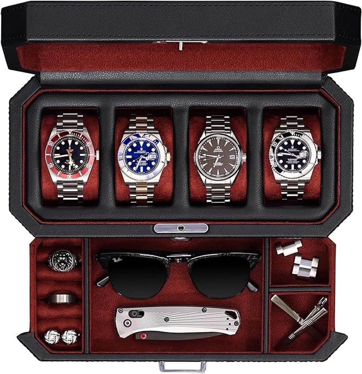 Lederen horlogedoos met 4 vakken en valetlade - Elegante vitrinekast voor sieraden