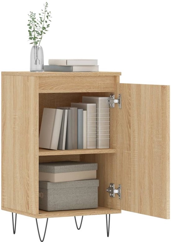 Dressoir met eikenprint, open deur met boeken en dozen, zwarte hairpin poten.