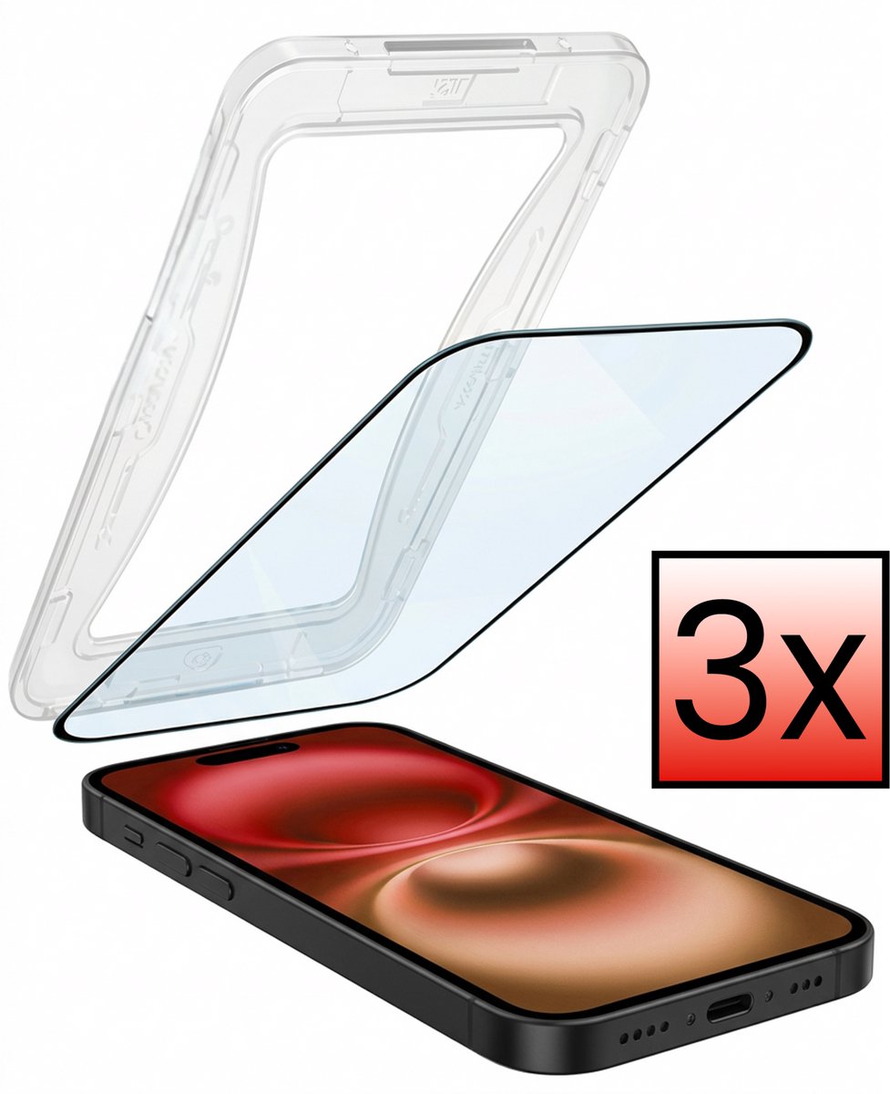 Screenprotector - 3 Stuks - Geschikt voor Apple iPhone 16 - Met Installatie Kit - Beschermglas - Gehard Glas - Tempered Glass - Screen Protector - Inclusief Montage Frame - Buigbaar Hybrid Bescherm Cover