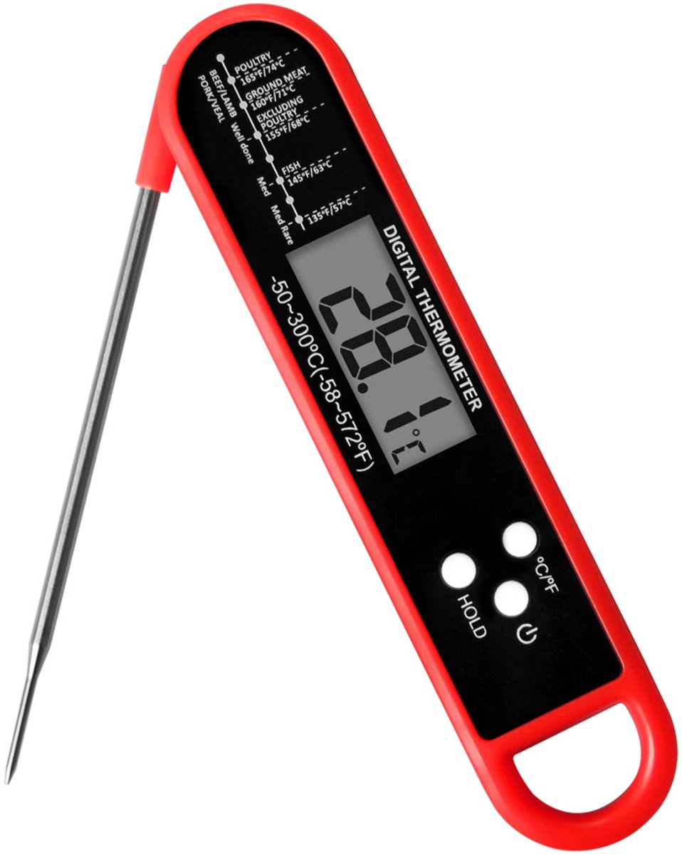 1 stuks - vleesthermometer digitaal - vleesthermometer digitaal, oven - vleesthermometer digitaal keuken - keukenthermometer - keukenthermometer digitaal - braadthermometer - voedselthermometer - Van -50°C tot 300°C - rood