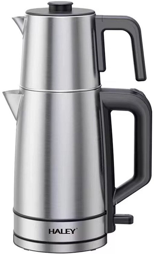 Zilverkleurige elektrische theepot met zwarte handvatten en HALEY logo.