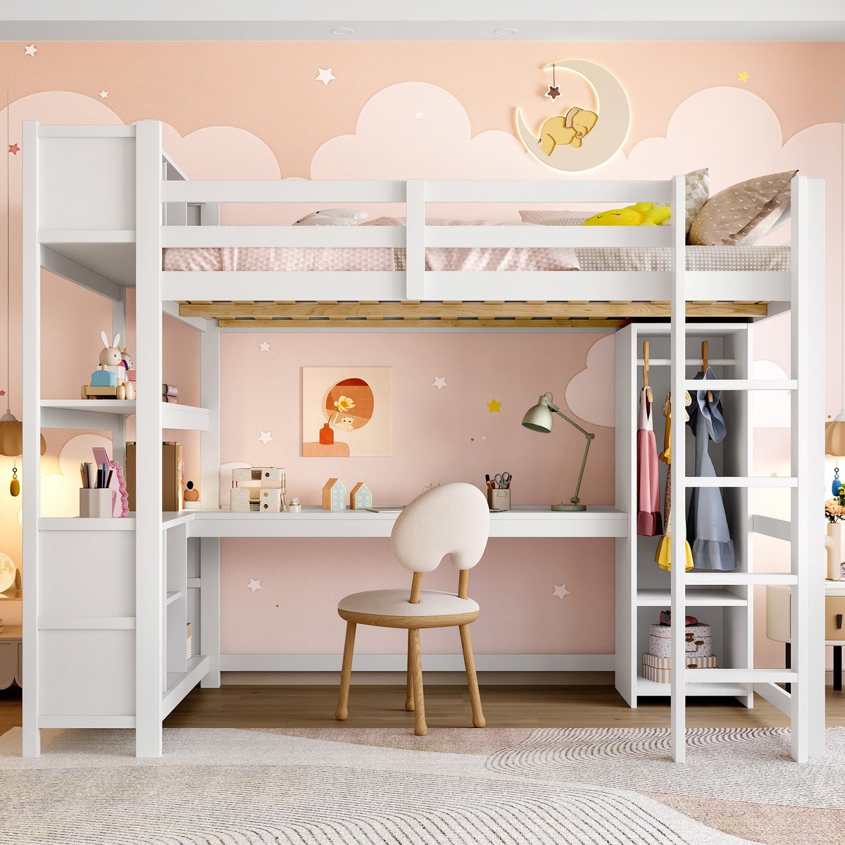 Merax Hoogslaper 140x200 cm - met boekenplank - opbergvak - bureau - kledingkast - zonder matras - wit