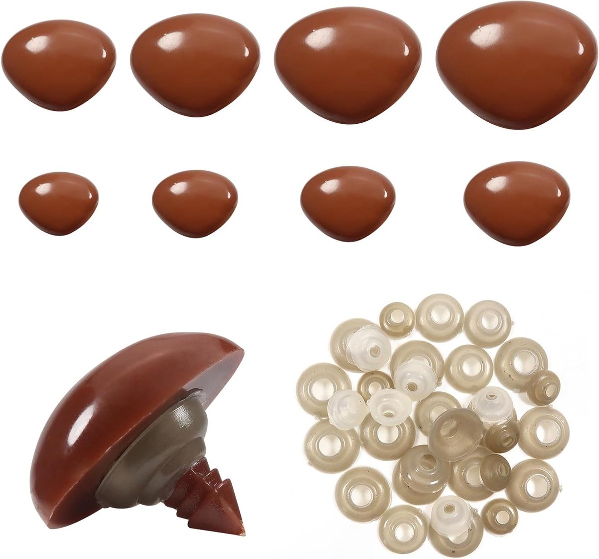 33 Stuks Veiligheidsneus voor Poppen van Bruin Plastic, 9 mm tot 29 mm, Inclusief Wasringen en Accessoires