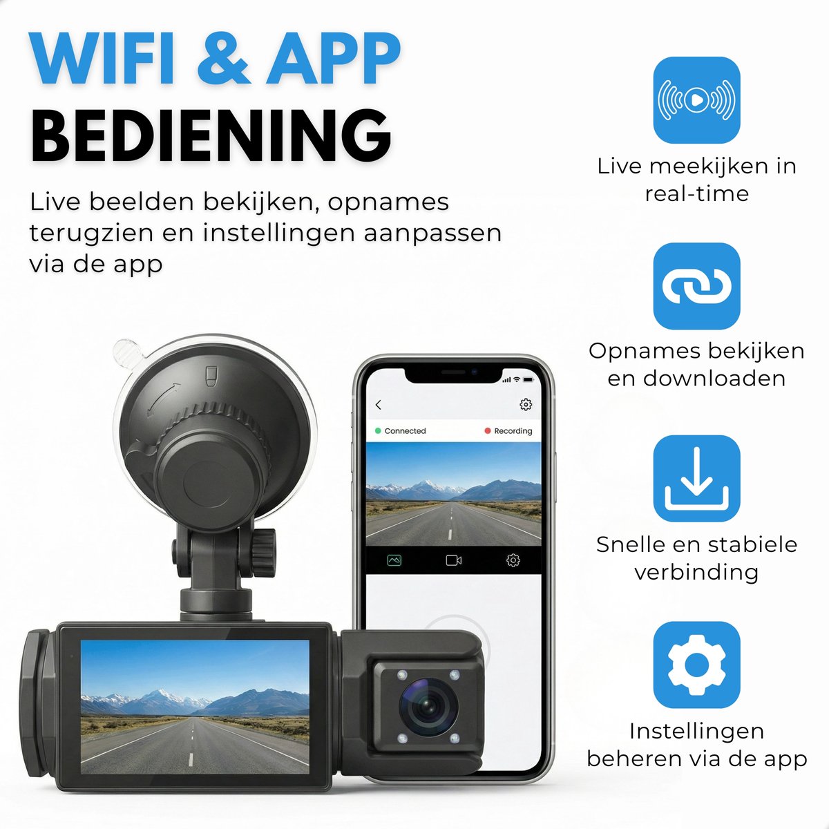 Boncy® Dashcam Voor Auto - 3 Kanalen Voor, Achter en Binnen Camera - 1080P Full HD - Dual Dashcams Met Achteruitrijcamera en Parkeermodus - Met Wifi & App - G-Sensor - Nachtzicht - Loop Recording - 170 Graden Kijkhoek – foto 2