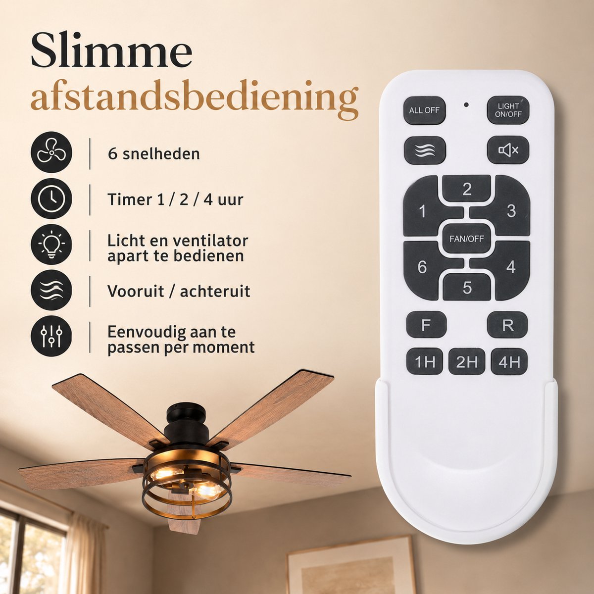 Rosnek Plafondventilator met Verlichting Ø132cm- Smart Lamp met Afstandsbediening - Plafonniere Keuken Lamp met 6 Ventilatiesnelheden - Plafond Ventilator Lamp met Timer, Landelijke Stijl voor Slaapkamer, Woonkamer & Terras thumbnail 5