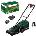 Groene Bosch grasmaaier, accu's, oplader en doos.