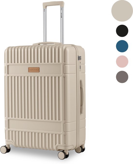 Beige koffer met handvat en wielen, naast kleurstalen.
