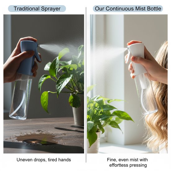Blauwe spuitfles die fijne mist verspreidt, naast een plant. Vergeleken met een witte spuitfles die ook fijne mist verspreidt.