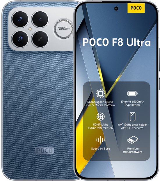 POCO F8 Ultra in het blauw met denim textuur, met een weergave van de specificaties.