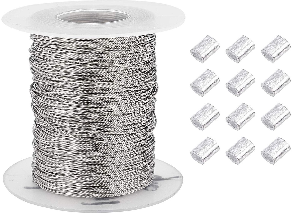 Dailygoods - Fotolijst Ophangdraad - Heavy Duty Draad - 0.6mm - Roestvrij Staal - Aluminium Krimpmouw - Geschikt voor Spiegels en Frames